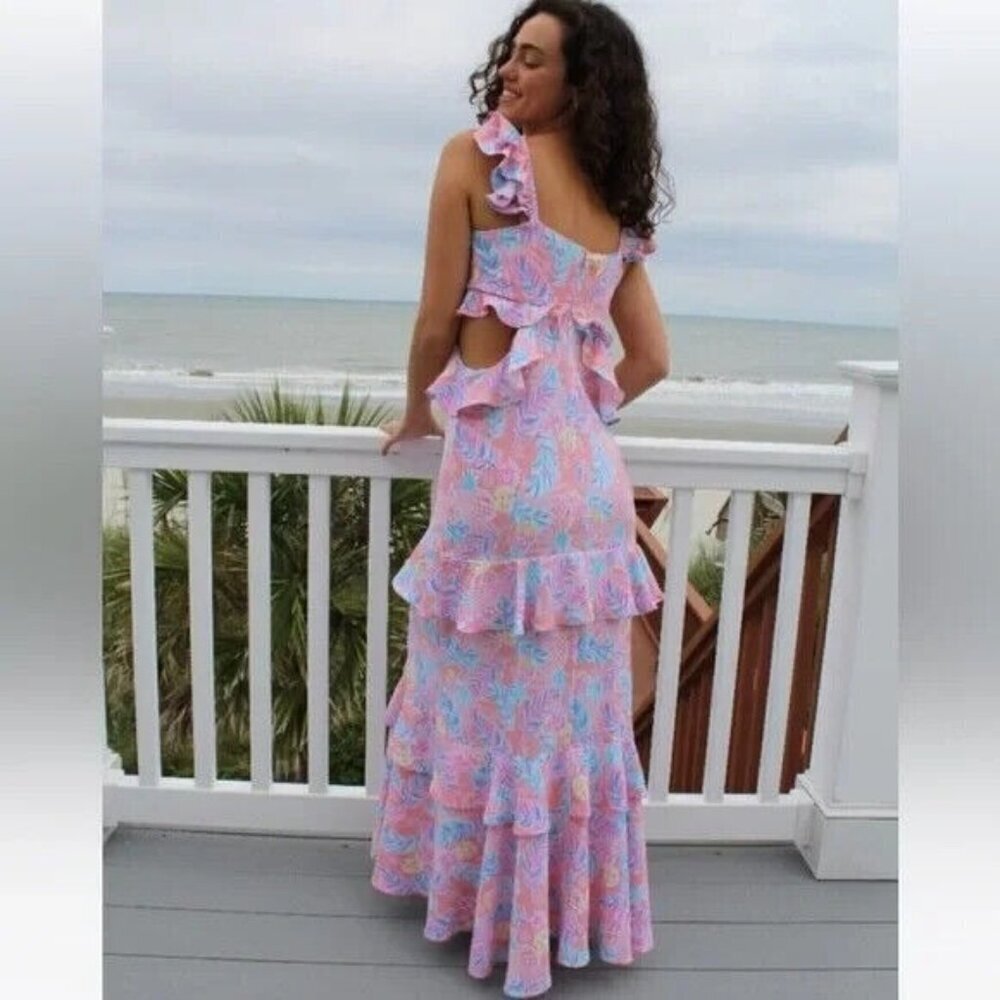 Simply Southern Pink Pineapple Costal Tropical Ruffle Preppy Pastel Maxi Dress - Picture 2 of 8